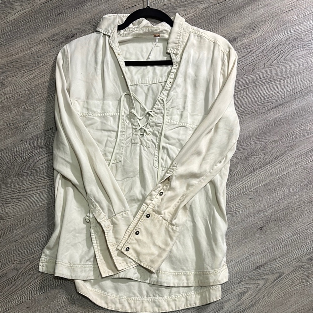 Free People Cream Long Sleeve Button Down Shirt